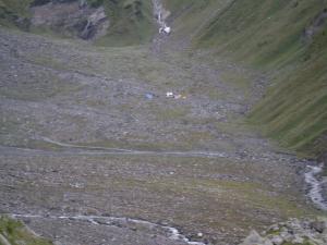 The first Sight of Base Camp from the Last ridge